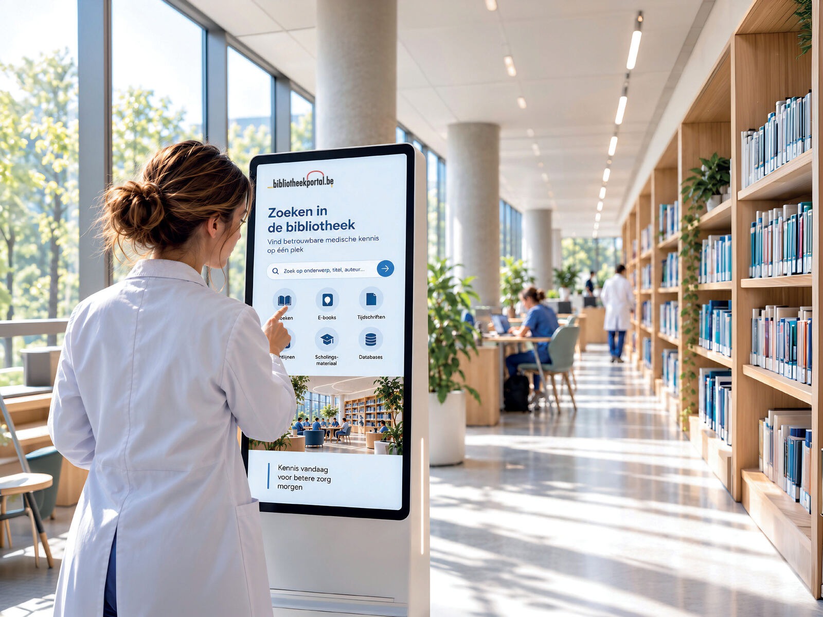 Een arts gebruikt een zoekzuil met de Bibliotheekportal-interface